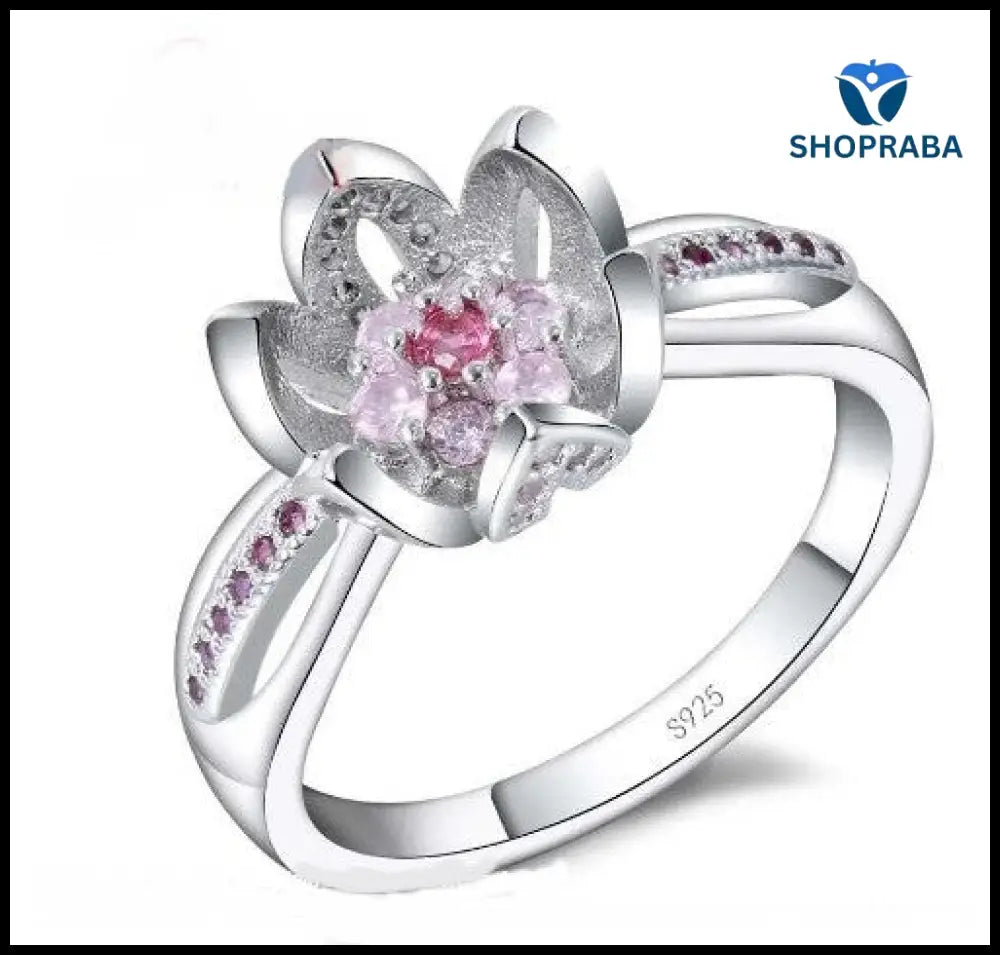 Lotus Flower Zirconia Ring - 925 Silverplated Jewelry - Shopraba