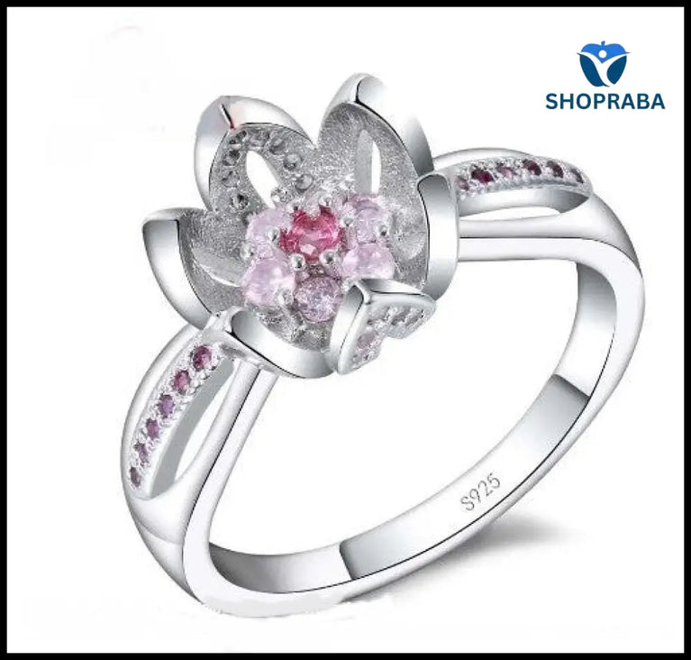 Lotus Flower Zirconia Ring - 925 Silverplated Jewelry - Shopraba